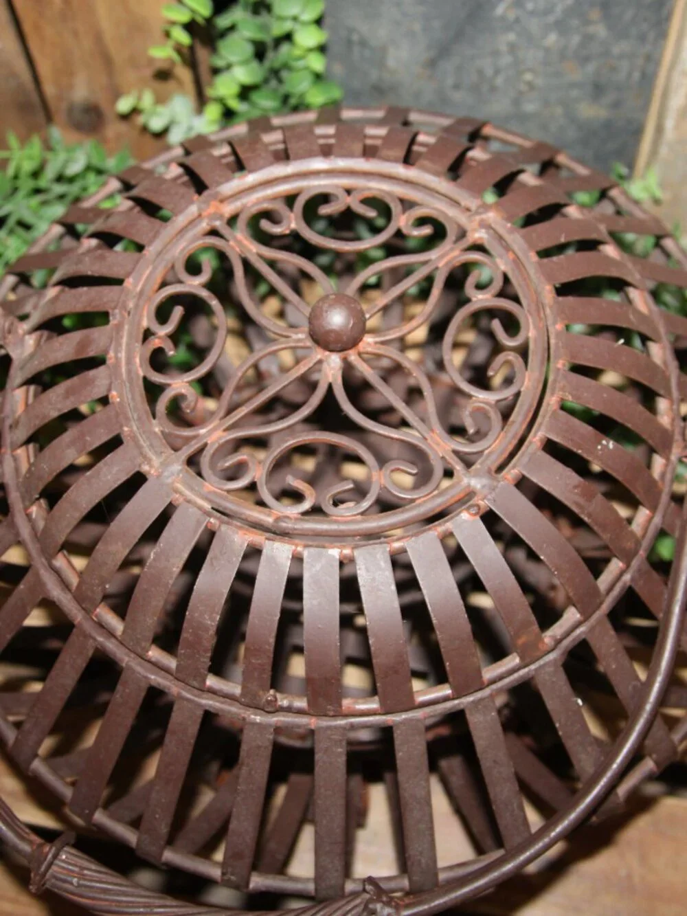 Large HEAVY Vintage Metal & Wrought Iron French Country Lidded Basket